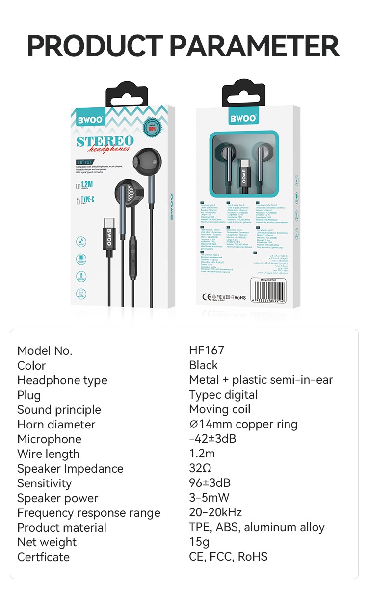 BO-HF167 Casque filaire semi-intra-auriculaire Type-C