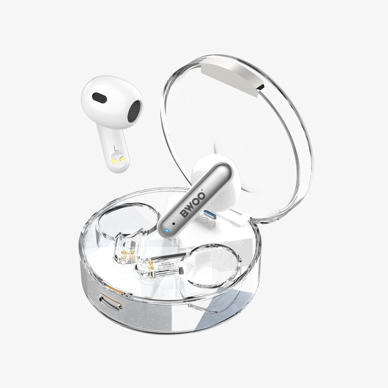 BW95 Écouteurs intra-auriculaires sans fil semi-intra-auriculaires avec boîtier de charge transparent BT V5.2