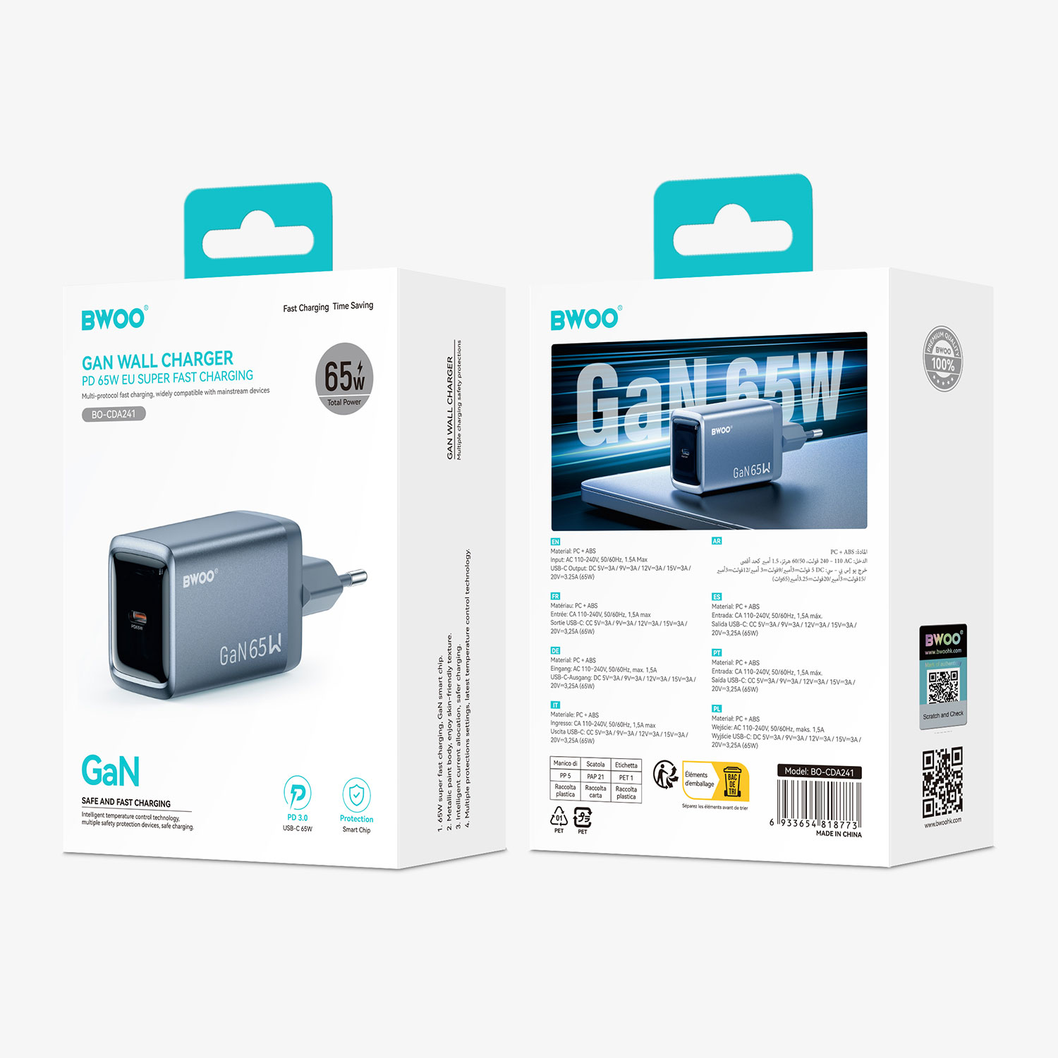 BO-CDA241  BWOO GaNex 65 W USB-C Chargeur GaN
